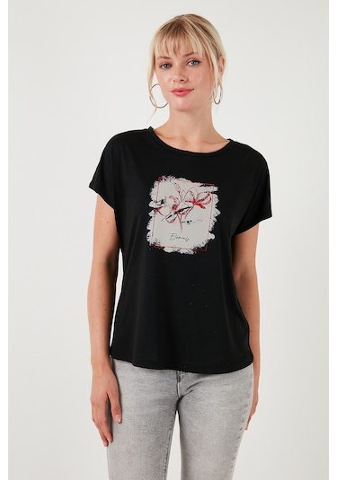 Lela Baskılı Bisiklet Yaka Regular Fit Bayan T Shirt 6671002 Siyah