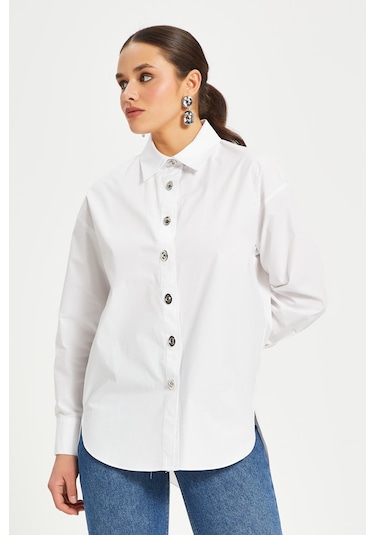 Kadın %100 Koton Oversize Gömlek Taş Düğme Detaylı Uzun Kollu Şık Model Beyaz