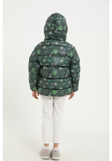 Freemen Kız Çocuk Yeşil Kar Tanesi Desen Polar Su Ve Rüzgar Geçirmez Kapüşonlu Şişme Kışlık Mont Yeşil