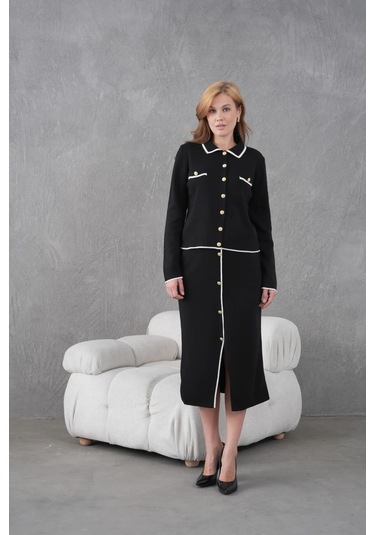Kadın Polo Yaka Düğme Detay Ceket Uzun Etek İkili Triko Takım Siyah