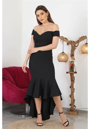 Dipmoda Kadın Kayık Yaka Düşük Omuz Eteği Volanlı Abiye Elbise Swll01 Siyah