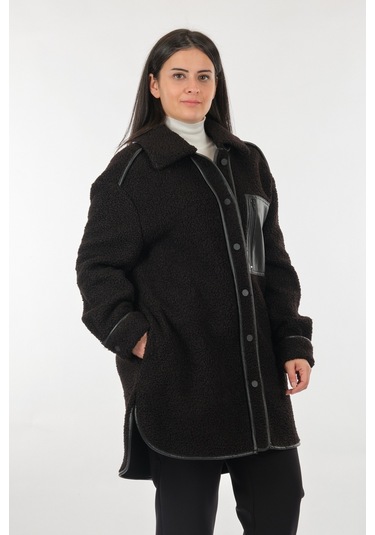 Ekol Düz Yaka Büyük Beden Cepli Uzun Kollu Siyah Kadın Manto 2220 001