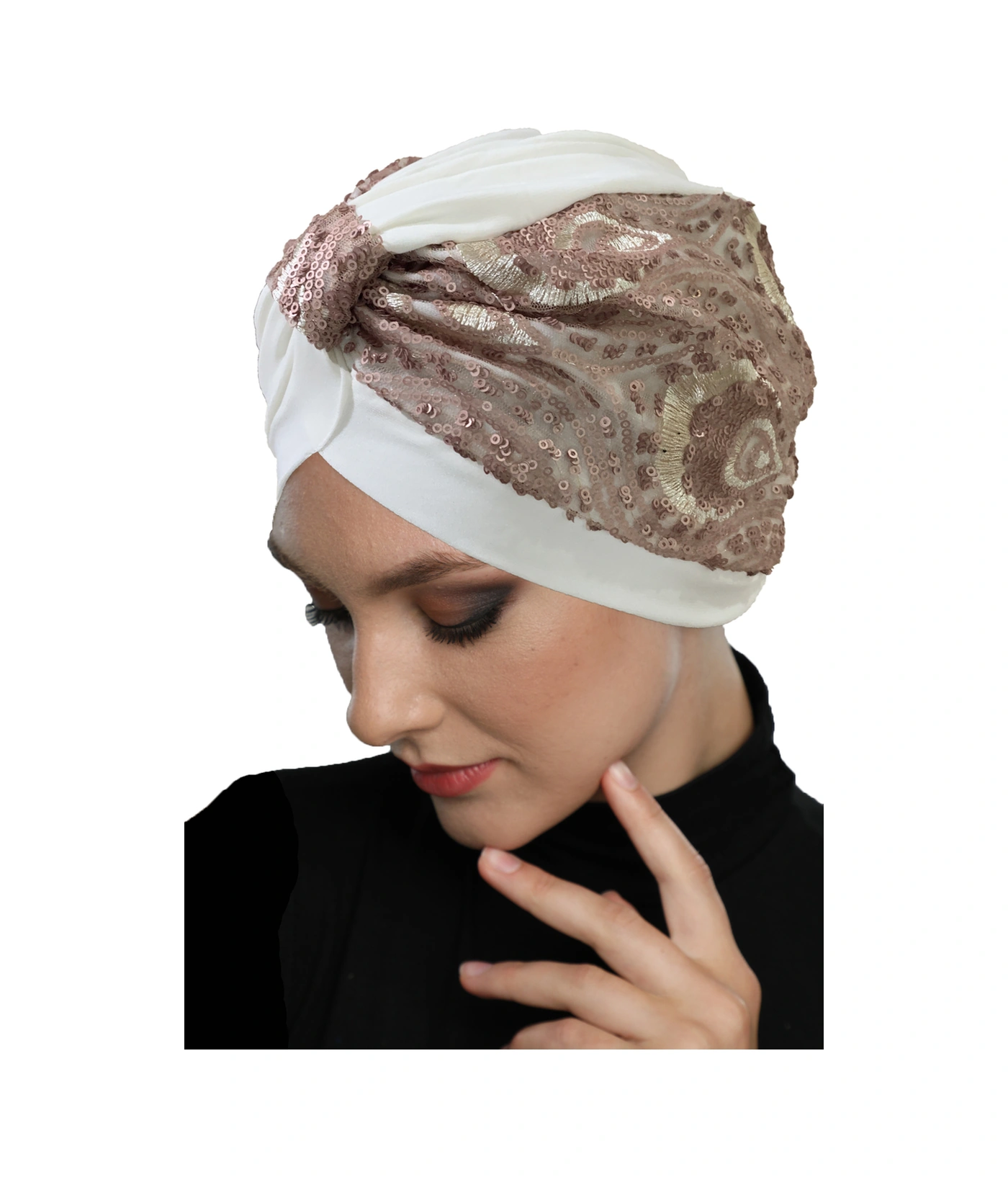 Özel Tasarım Ekru Üzeri Pudra Desenli Payetli Astarlı Hazır Türban Tesettür Abiye Bone Ekru2