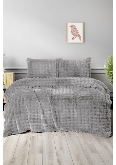 Merinos Diamond Buble Kürk Çift Kişilik Comforter Set Silver Gri