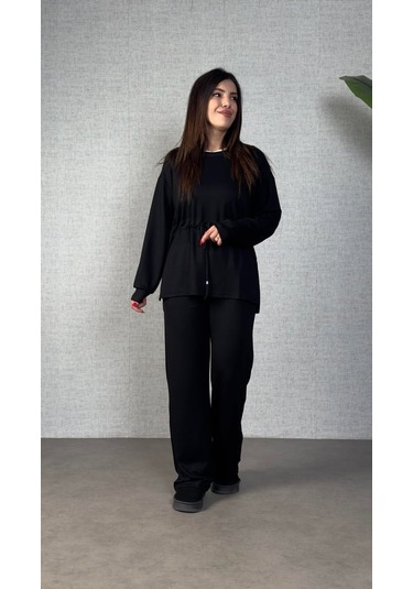 Kadın Uzun Kollu Yaka Ve Büzgü Detay Tunik Ve Pantolon Ikili Takım Siyah
