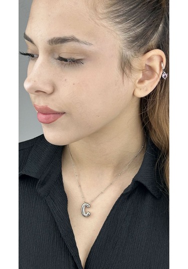 C Harfi, Balon Formlu, Paslanmaz Çelik Kolye 129, Gümüş Renk Gümüş