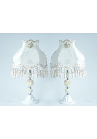 Dekovien Kadife Kaplı Çiçek Dekorlu Beyaz Abajur