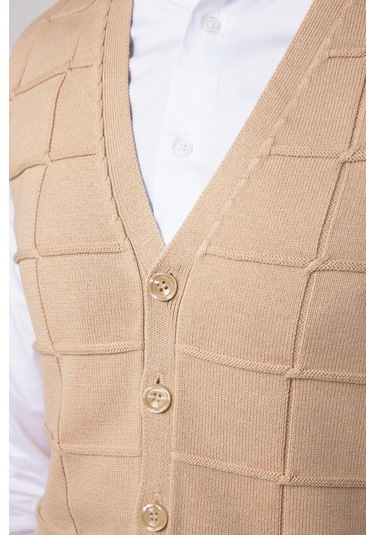 Tudors Slim Fit Kare Desenli Taş Rengi Erkek Yelek-29711-Taş