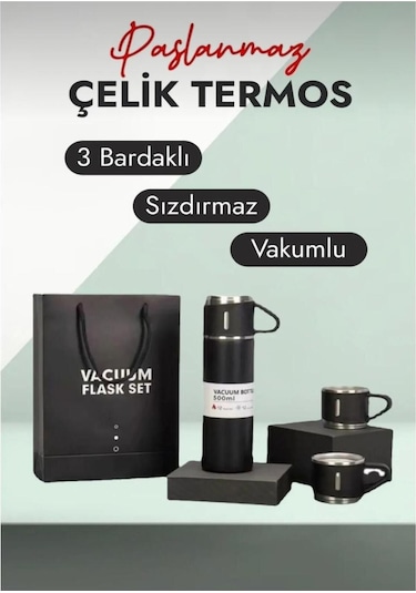 3 Bardaklı Termos Paslanmaz Çelik Termos, Vakumlu Çanta Hediyeli Termos