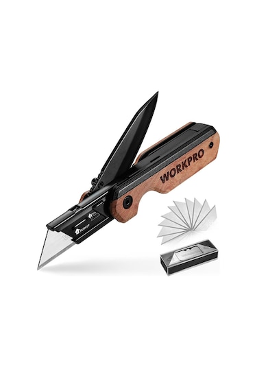 Workpro Wp211015 2-ın-1 Ahşap Saplı Profesyonel Cep Çakısı & Katlanır Rötuş Maket Bıçağı + 11 Adet Yedek Bıçak