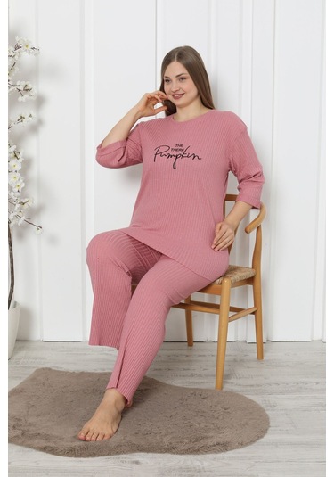 Fames Pijama Fitilli Kaşkorse Pamuklu Ispanyol Paça Yeni Sezon Büyük Beden Ev Giyim Pudra