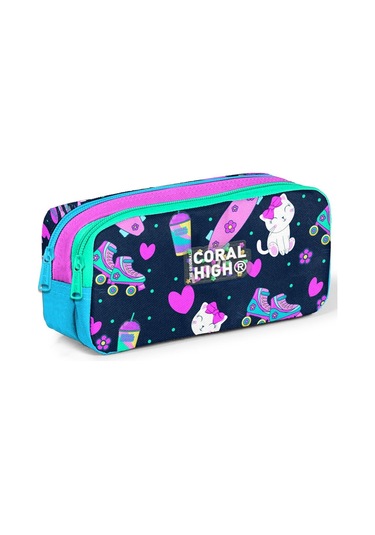 Coral High Lacivert Pembe Kedili İki Bölmeli Kalem Çantası - Kız Çocuk
