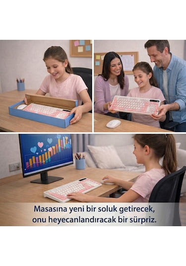 Kablosuz Klavye Mouse Seti Kedi Temalı Sessiz Pembe Beyaz Retro Tablet Laptop Pc Uyumlu Optik