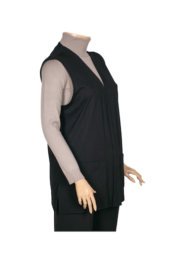 Hesna Kadın Buğra Cepli Düğmesiz Siyah Yelek Siyah