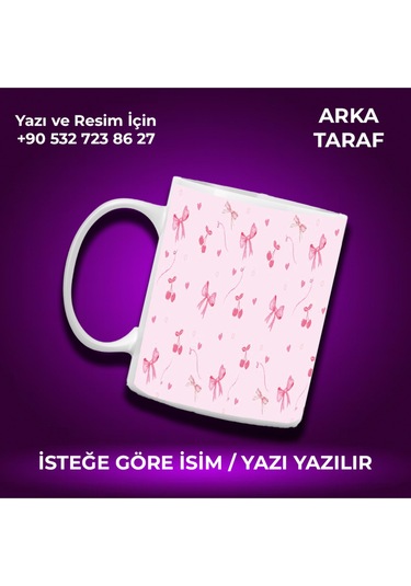 Kişiye Özel Pembe Kurdele Desenli Renkli Kupa -çok Hoş Hediye Beyaz