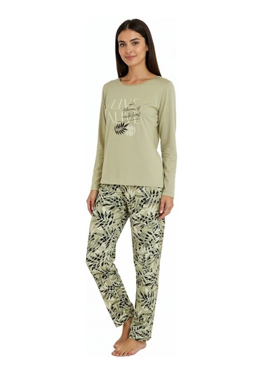 Üstü Yazılı Altı Yaprak Desenli Elite Viscose Pijama Takımı Uzun Yeşil 3559 Yeşil