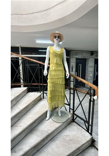 Italyan 2 Beden İnce Gösteren Kat Kat Sıfır Kol İpek Elbise-8769 Koyu Sarı