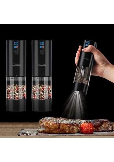 Motion003 Elektrikli Tuz Ve Biber Değirmeni Seti Siyah 1 Usb Şarjlı Küçük Öğütücü Lcd Ekran Ayarlanabilir Kabağlık Ev Mutfak Restoran Barbekü