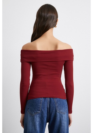 Never More Omzu Açık Kaşkorse Bluz Bordo Bordo