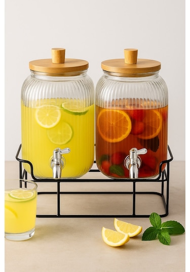 Qerhome 2'li Cam Şerbetlik Seti Musluklu, Bambu Kapaklı, Standlı 3.75 Lt + 3.75 Lt