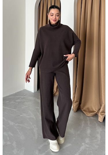 Modagen Kadın Selanik Kumaş Balıkçı Yaka Alt Üst Takım Kahve