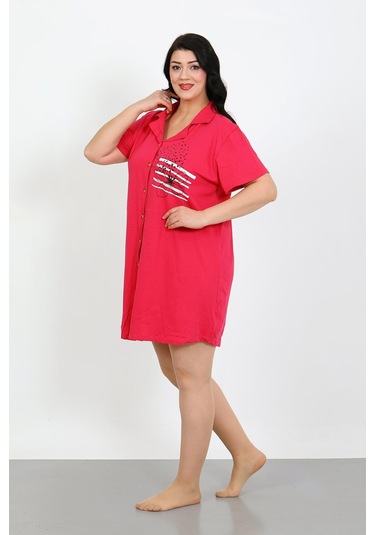 Akbeniz Büyük Beden Penye Düğmeli Fuşya Tunik Gecelik 1025 Fuşya