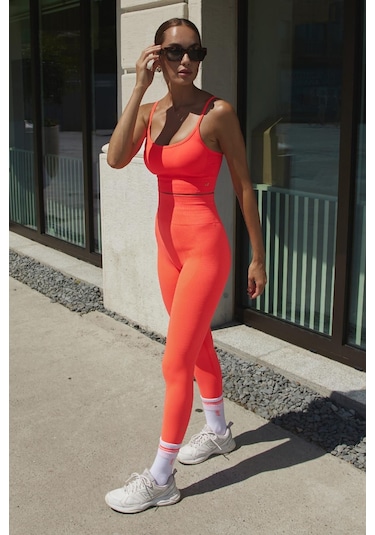 Jerf Gela Yüksek Bel, Esnek Ve Toparlayıcı Spor Tayt Neon Mercan 001