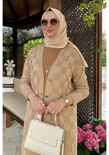 Dama Desenli Bej Triko Hırka Çok Renkli