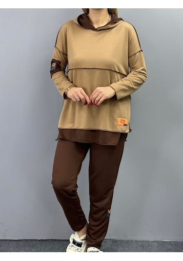 Modaserdem Kadın Kahve Kapşonlu Etek Ucu Detay Arma Ters Dikiş Gorunumlu Ikili Takım Sütlü Kahve