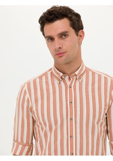 Cacharel Kiremit Slim Fit Uzun Kollu Çizgili Gömlek Kırmızı
