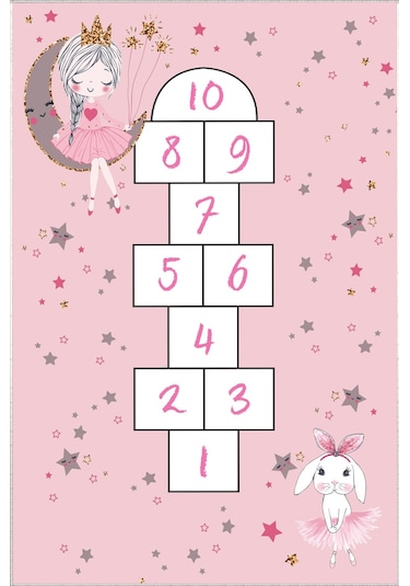 Seksek Çocuk Oyun Halısı Kaymaz Makinede Yıkanabilir Eğitici 1 Pembe - Beyaz