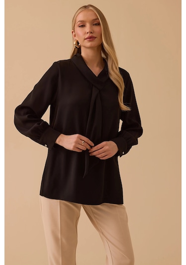 Seçil Kadın Fular Yakalı Krep Bluz 0015 Siyah