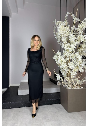 G0844 Kare Yaka Tül Elbise Siyah-siyah Siyah