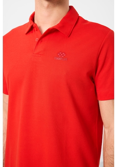 Tommylife Tommy Life Kırmızı Basic Logolu Standart Kalıp Triko Polo Yaka Erkek T-shirt - 87748 Kirmizi