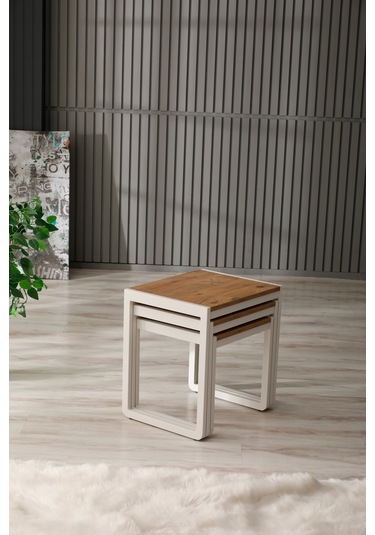 Arpelia Arpelia Üçlü Zigon Sehpa 50 x 40 CM Beyaz - Atlantik Çam