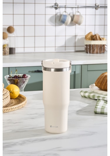 Emsan Star Ice Pipetli Çelik Sızdırmaz Termos Krem 900 Ml Krem