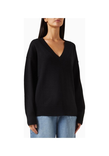 Good American Oversize Deep V Triko Kazak, Modern Rahat - Şık Kadın Stili Siyah