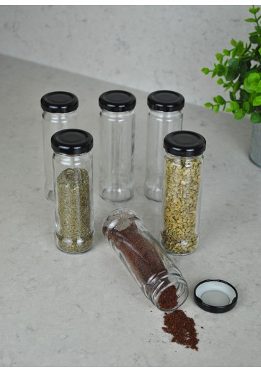 6 Adet 105 Ml Metal Siyah Kapaklı 105 Cc Şeffaf Uzun Cam Kavanoz