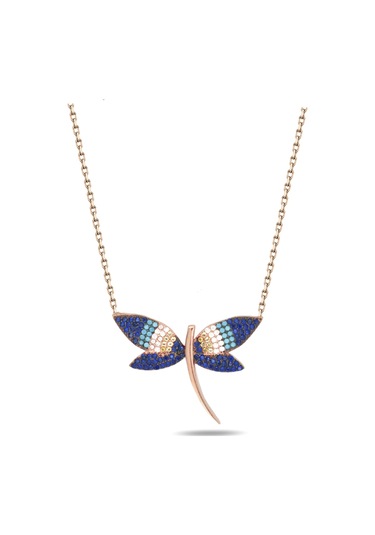 Brezza Lusso Jewelry Yusufçuk Kolye 925 Ayar Gümüş Mavi Taşlı Kadın Kolye Pembe