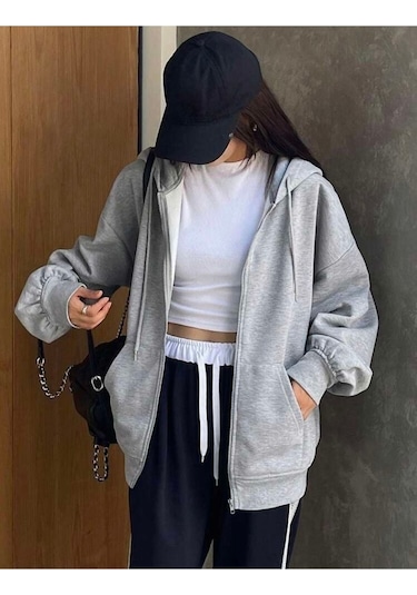 Harmandar Baskısız Kadın Gri Cepli Kapüşonlu Fermuarlı Sweatshirt Hırka Grihirka