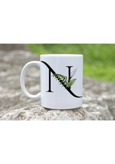 N Harf Zarif Yaprak Desenli Kupa Bardak - Naturel Sade Alfabe Harfli Bardak - Kişiye Özel Hediye Beyaz