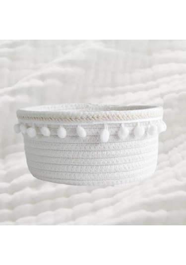 Suntek Güzel Yumuşak Depolama Sepeti Dokuma Pamuk İpliği Yün Beyaz Peluş Top Beyaz