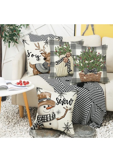 Singree Kış Dekoratif Yastık Kılıfları 4'lü Set, 45x45 Cm, Ayarı Ve Kar Tanesi Desenli Noel Podyum Kılıfları Bej