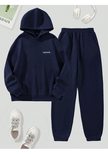 California Minimal Yazı Eşofman Takımı Sweatshirt Jogger - Lacivert Baskılı Şardonlu Kapüşonlu Lacivert