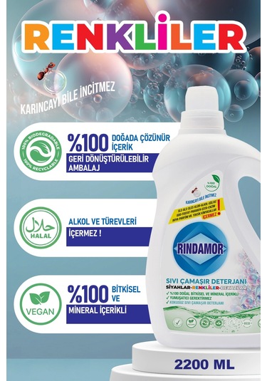 % 100 Doğal Bitkisel Sıvı Çamaşır Deterjanı Tüm Renkler-kokusuz 2200 ML