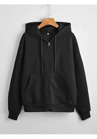 Kadın Oversize Siyah Fermuarlı Hırka Sweatshirt Siyah