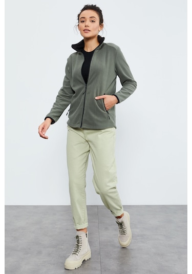 Tommy Life Çağla Dik Yaka Fermuarlı Rahat Form Kadın Polar Sweatshirt - 97173 Çağla
