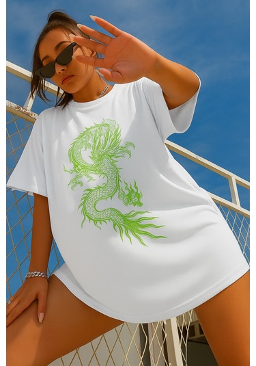 Ejderha Baskılı Oversize T-shirt BEYAZ