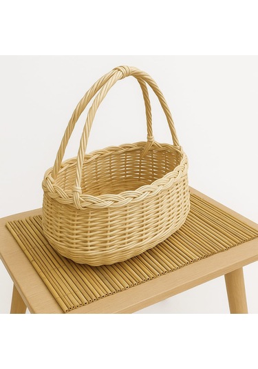 Doğal El Örgüsü Hasır Sepet Bohem Dekoratif Saklama Örgülü Bej - Sarı