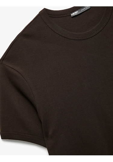 Koton Kısa Kollu Bisiklet Yaka Pamuklu Tok Kumaş Basic Dar Kalıp Tişört Kahverengi 6wam10086hk Kahve